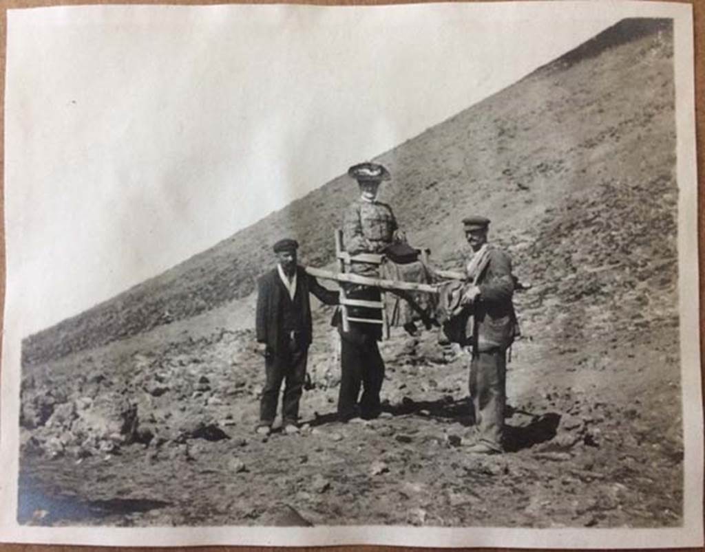 Vesuvius August 27, 1904. A tourist is carried on a sedan-chair.
Before the funicular this was the most comfortable means of transport.
Photo courtesy of Rick Bauer
August%2027,%201904