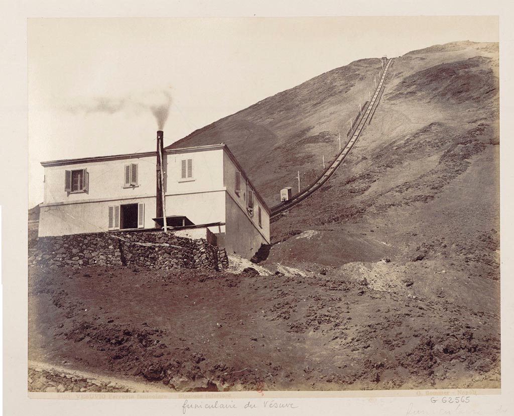 Vesuvius Funicular railway. Photograph No. 8123, by Sommer.
Vesuvius Funicolare lower station Funicolare del Vesuvio. Public domain, via Wikimedia Commons