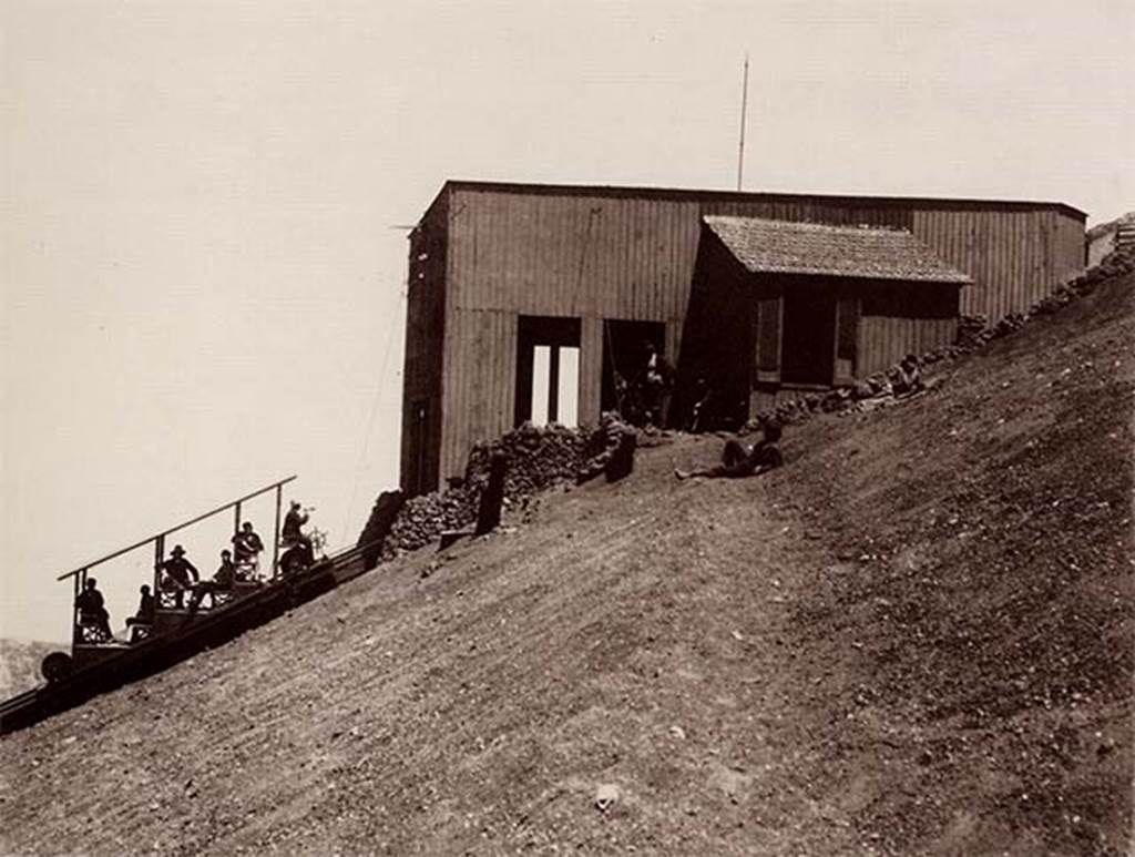 Vesuvius Funicular railway at the Stazione superiore, upper station, c.1890. Photo by Giorgio Sommer.
A landslide occurred March 12, 1911 at the upper station causing a new interruption of the funicular, which reopened February 3, 1912 after retreating the mountain station by about 80 metres.