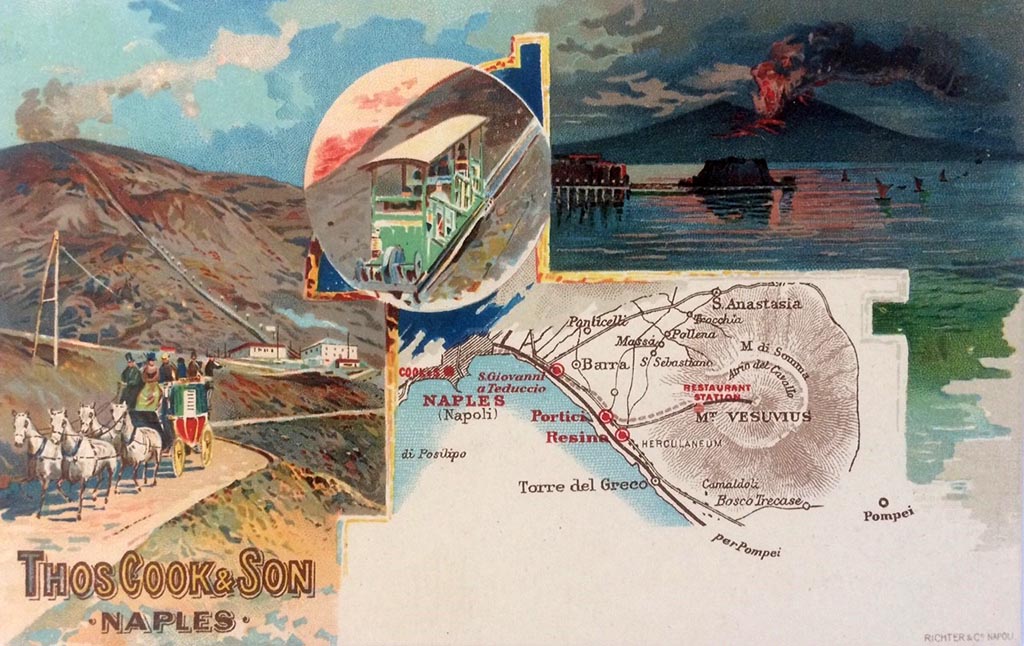 Postcard for Vesuvius Railway and Funicular. Not dated but the funicular car is the monorail in use from 1889 to 1904.
It also shows a horse drawn carriage, a Vesuvius eruption and the route up Vesuvius.
A round trip in 1886 with guides from Naples to the summit by horse carriage and funicular cost about a pound, a high figure for the time.
Photo courtesy of Rick Bauer.