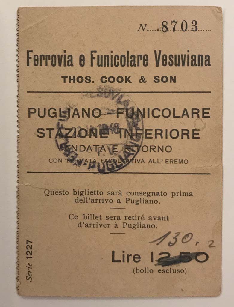 Front of a Thomas Cook & Son combo ticket to Vesuvius, using the train and the funicular.
This ticket is dated 13 July 1948. Photo courtesy of Rick Bauer.