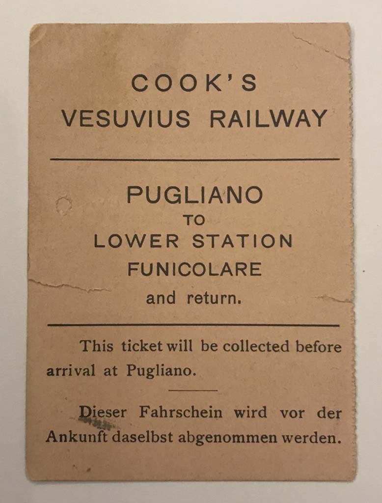 Rear of a Thomas Cook & Son combo ticket to Vesuvius, using the train and the funicular.
This ticket is dated 13 July 1948. Photo courtesy of Rick Bauer.