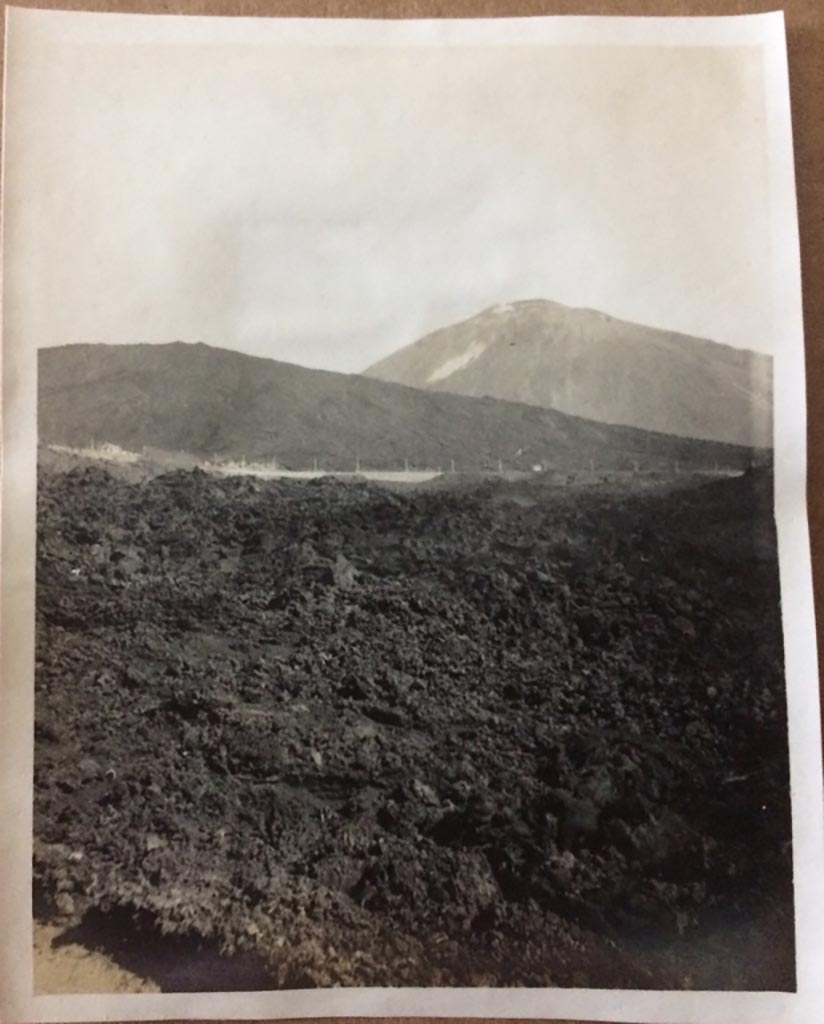 Vesuvius, August 27, 1904. View of Vesuvius across the lava with newly opened electric light railway in the mid distance.
Photo courtesy of Rick Bauer.