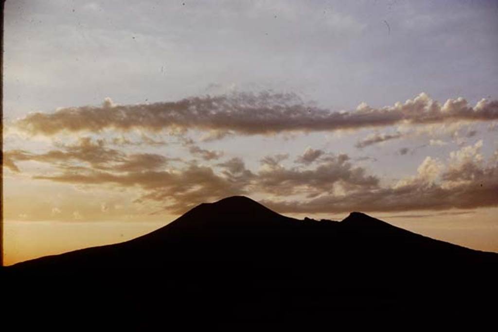 Vesuvius in silhouette. 1966. Photo by Stanley A. Jashemski.
Source: The Wilhelmina and Stanley A. Jashemski archive in the University of Maryland Library, Special Collections (See collection page) and made available under the Creative Commons Attribution-Non-commercial License v.4. See Licence and use details.
J66f0278