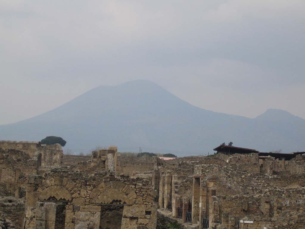 Vesuvius, April 2005. Looking north from near VIII.7, the Theatres district. Via Stabiana, centre right.
Photo courtesy of Klaus Heese.