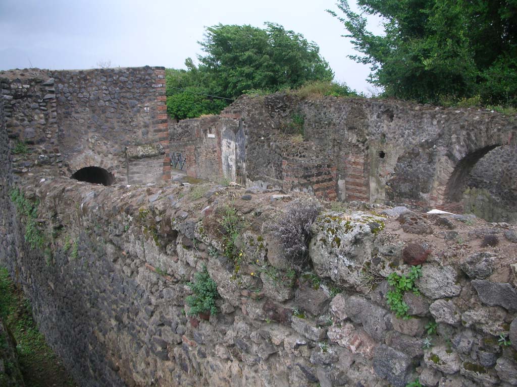 City Wall in north-west corner, Pompeii. May 2010.
Looking south-west from top of wall, across Herculaneum Gate. Photo courtesy of Ivo van der Graaff.