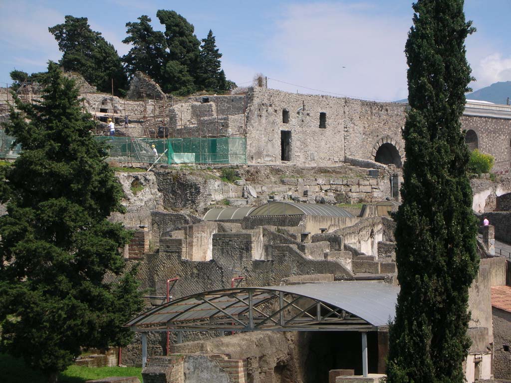 Walls on west side of Pompeii. May 2010.
Looking south-east towards City Walls (across centre), with rooms 44/45 of VI.16.13 (in centre) and Marine Gate, left of tree.
Photo courtesy of Ivo van der Graaff.